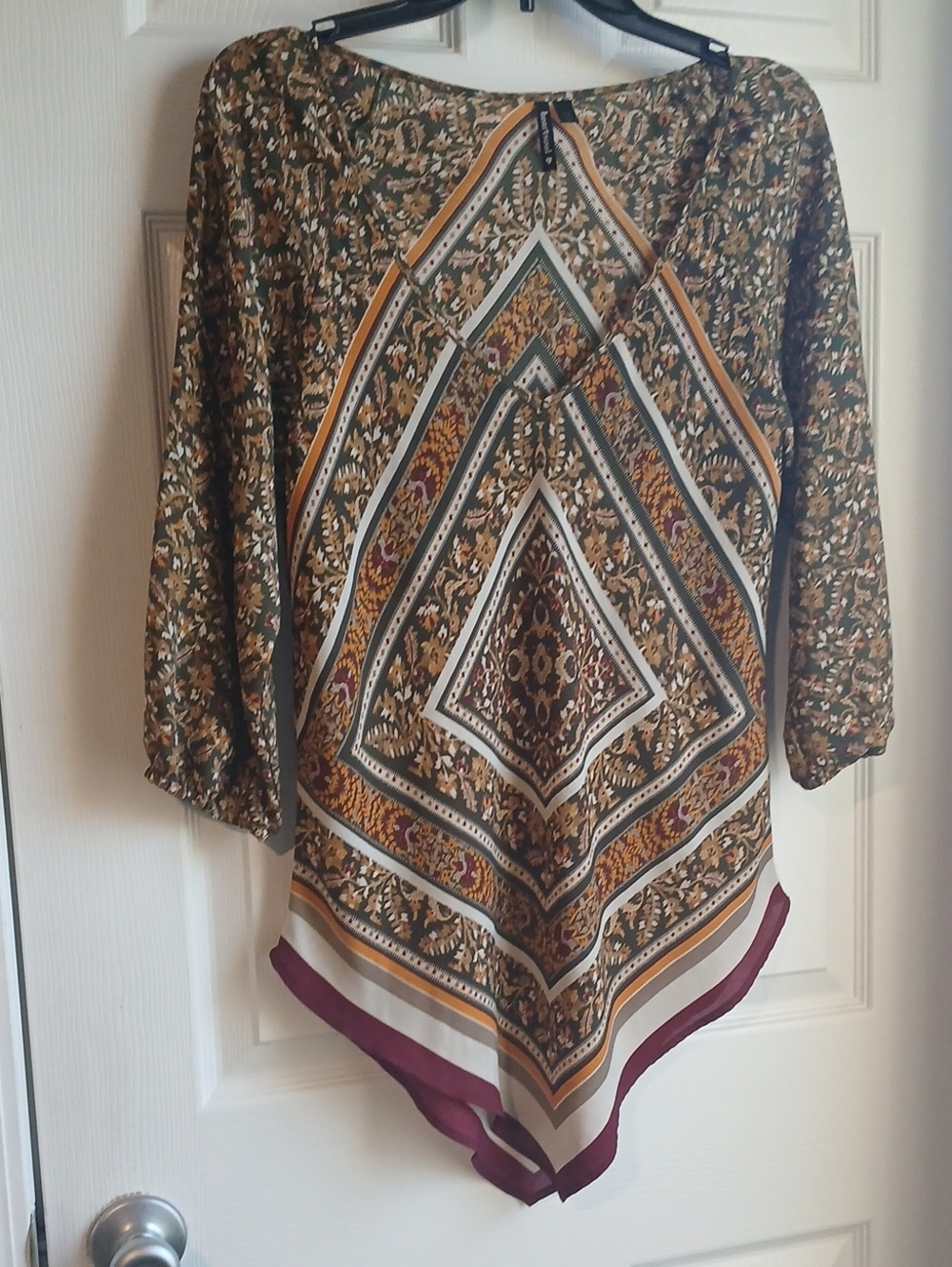 HeartSoul Olive Green Printed Handkerchief-Hem Tunic with Burgundy Trim